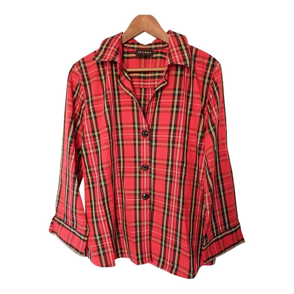 Foxcroft Red Plaid Wrinkle Free Shirt Size 16 Shaped Button Front Classic Mom